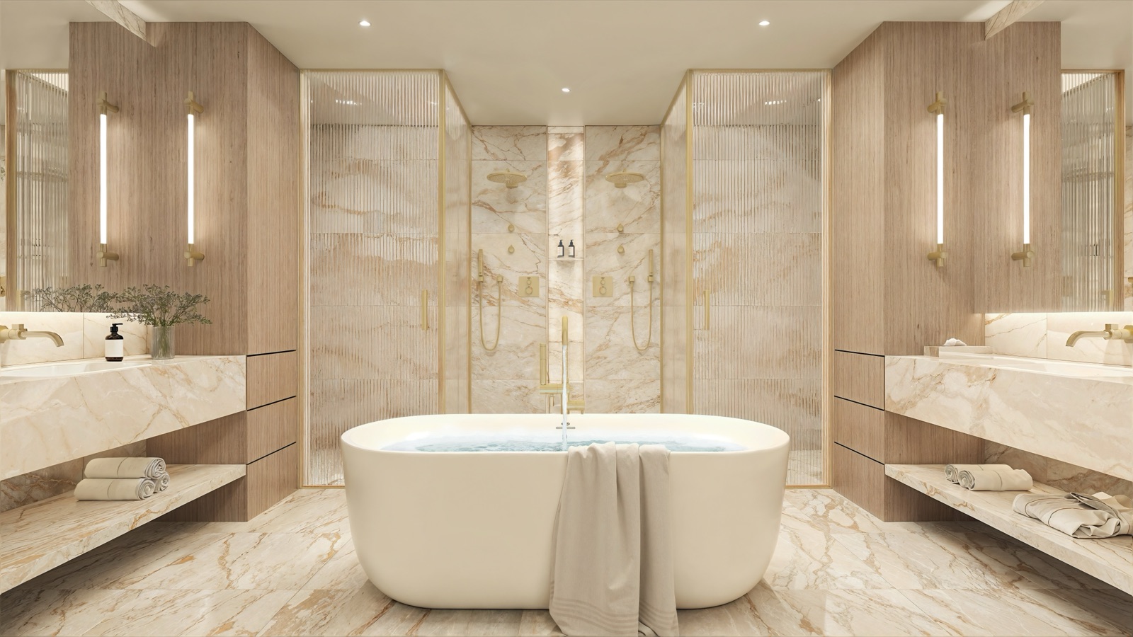 Tula penthouse primary bedroom with floor-to-ceiling glass overlooking Biscayne Bay.